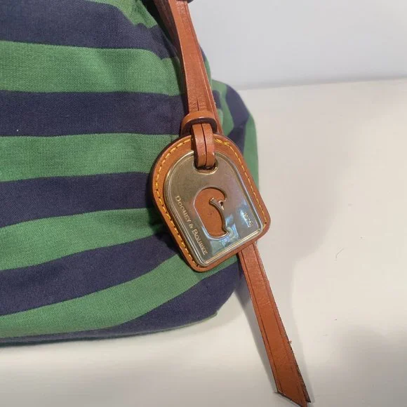 Dooney & Bourke Green Blue Striped Fabric Brown Leather Strap Large Tote Bag - Picture 3 of 10